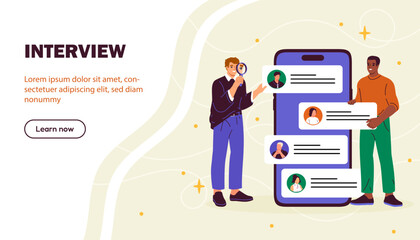 Job interview concept. Two men near smartphone screen with candidates at vacancy. Ranking and rating. HR managers with curriculum vitae. Landing page design. Cartoon flat vector illustration