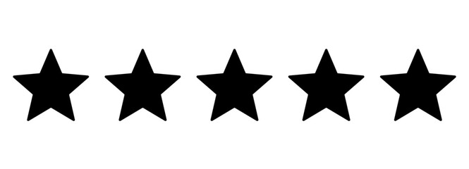 Five flat black stars isolated on a transparent background – Five stars for product reviews or ratings, apps, and more
