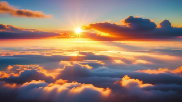 Sunrise kisses the horizon, painting a breathtaking scene of pastel colors above a sea of clouds, a heavenly masterpiece. Nature concept. Cinematic footage. Timelapse. Sky background.
