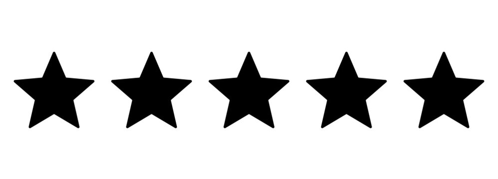 Five flat black stars isolated on a transparent background – Five stars for product reviews or ratings, apps, and more