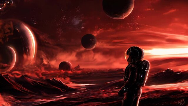 Astronaut in a spacesuit walking on the surface of an alien planet, looking up at the sky illuminated by giant planets and stars
