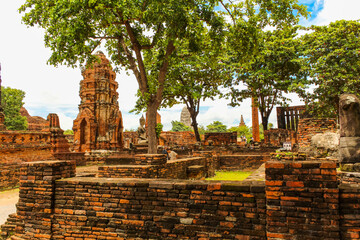 Wide view of Wat Mahathat in Sukhothai, Thailand with white puffy clouds