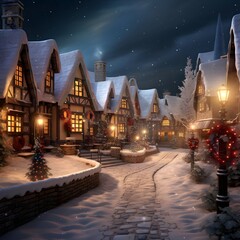 Winter night in a village. Christmas and New Year holidays concept.