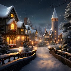 Winter night in european village. Winter landscape with houses and lanterns.