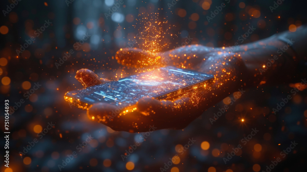 Poster a scifi inspired visualization of the impact of mobile commerce on ecommerce sales. a virtual hand h