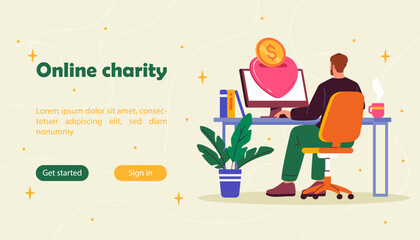 Online charity poster. Man at chair sitting near computer monitor. Young guy with kindness and generosity. Charitable foundation. Landing webpage design. Cartoon flat vector illustration