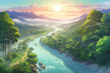 Aerial view of lush trees and a river flowing at sunrise on a foggy morning. In anime style