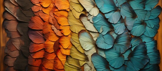 A close-up view of a varied assortment of vibrant butterflies with different colored wings resting on wooden panels. The intricate patterns and shades of each butterflys wings create a stunning and - obrazy, fototapety, plakaty