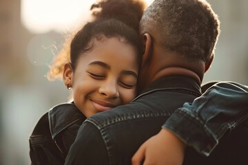 african american teenage daughter hugging her father outside in town when spending time together - obrazy, fototapety, plakaty