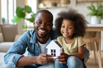 african american little girl with her dad holding paper model of house with solar panels