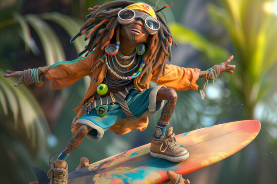 Stylish Surfer: Cartoon character with dreadlocks