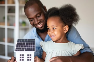 african american little girl with her dad holding paper model of house with solar panels