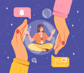 Woman with self isolation. Young girl sitting and soap bubble. Dont disturb. Concentration and organization of workflow. Cartoon flat vector illustration isolated on blue background