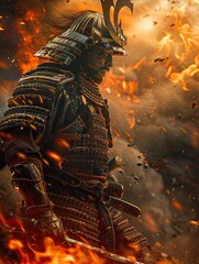 A samurai warrior stands amidst flames, embodying strength and honor