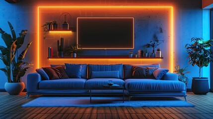 Modern living room illuminated with ambient neon lighting and stylish decor
