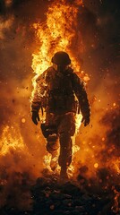 Fototapeta premium Soldier walking through intense flames