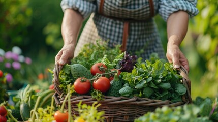 Woman is harvesting vegetables in her garden