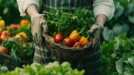 Fototapeta premium Woman is harvesting vegetables in her garden