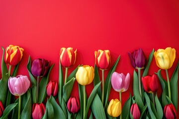 Colorful blooming tulips border banner on red background