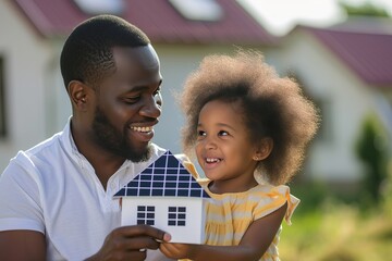 african american little girl with her dad holding paper model of house with solar panels