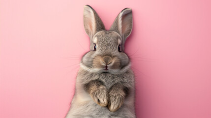 A cute gray rabbit or bunny relaxes comfortably, captured against a soothing pink backdrop. Easter theme, banner, copy space.