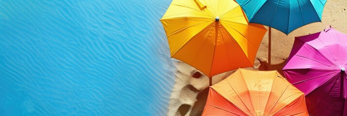 Colorful beach umbrellas on sandy shore by the sea - A vibrant summer scene with bright beach umbrellas providing shade on a golden sandy beach with clear blue ocean water lapping at the shore