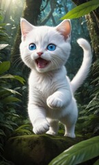 cute white baby cat with big blue eyes a male attacking, pouncing at its prey in an epic wide-view jungle scene