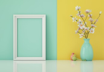 Empty Frame mockup, Interior mockup room background. Modern interior design. Mock up poster floral frame in modern interior background