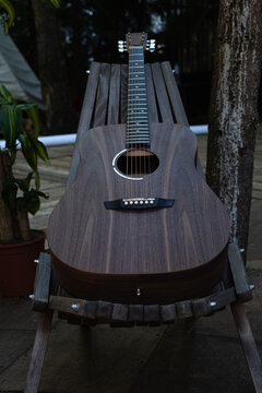 Guitars  in outdoor terrace.
