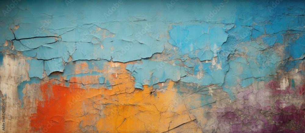Poster a close-up view of a wall with peeling paint, revealing layers of old paint underneath. the wall is 