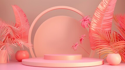 Pink tropical scene with podium and plants - A vibrant pink tropical display featuring a podium for product placement surrounded by lush foliage in a stylized setup
