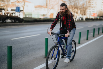 Hipster businessman with a beard riding a bicycle in an urban city environment, illustrating the concept of green transport and remote work.