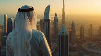 Arab businessman standing on top of a skyscraper overlooking the city - obrazy, fototapety, plakaty