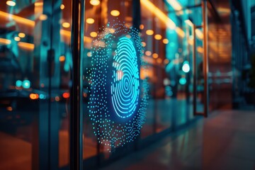 Fingerprint at the entrance to the office glass door, fingerscan with access control on the glass door - obrazy, fototapety, plakaty