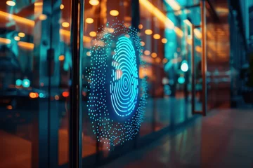 Fotobehang Fingerprint at the entrance to the office glass door, fingerscan with access control on the glass door © 2D_Jungle