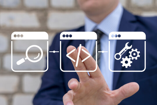 Man using virtual touchscreen presses icon: programming code. Concept of web computer programming or developing software, game, apps. Artificial coding, CMS, programming, information technologies.