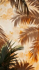 Fototapeta na wymiar shadows of palm trees on an old wall, trendy peach color, photo wallpaper for your phone, pink filter