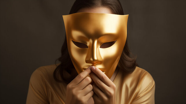 A woman wearing a gold mask covering her face, A Mysterious and Intriguing Image. Concept of secrecy and shame. Problem of protecting women's rights.	