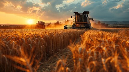 The combine harvests ripe wheat. Ripe ears of golden field at sunset. Created with generative AI.