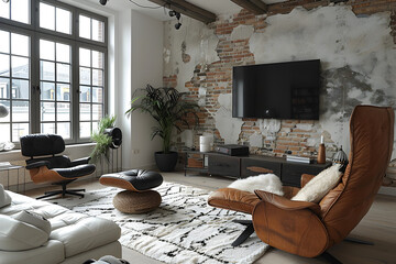 A modern black and white living room with industrial accents. Interior design.