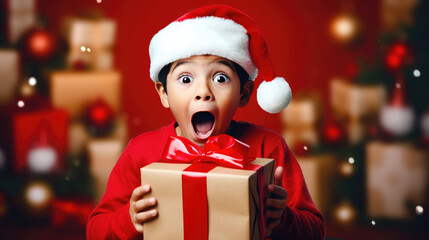Surprised little boy in Santa Claus hat holding gift box. Christmas holidays. Boxing Day shopping. Holiday shopping