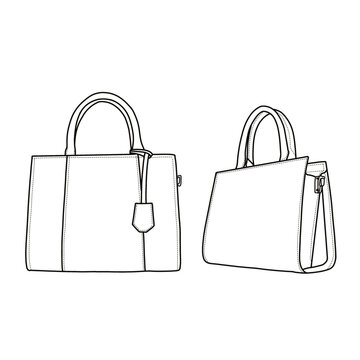 Top handle bag vector illustration flat outline template. Crossbody women's bag. Front, back, and side view. Vector illustration of top handle bag icon line isolated on a white background