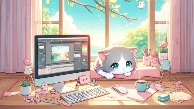 cute cat and my pink studio