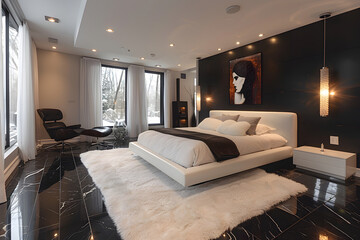 An elegant black and white bedroom. Sleek interior design.