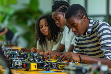 Group of african american students building and programming electric toys and robots at robotics classroom