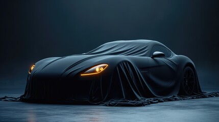 Presentation of the car covered with a black cloth. Created with Generative AI.