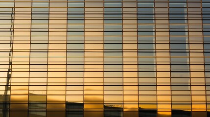 Warm hues of a sunset bathe the glass facade of a high-rise, showcasing urban serenity. Golden background, wallpaper.