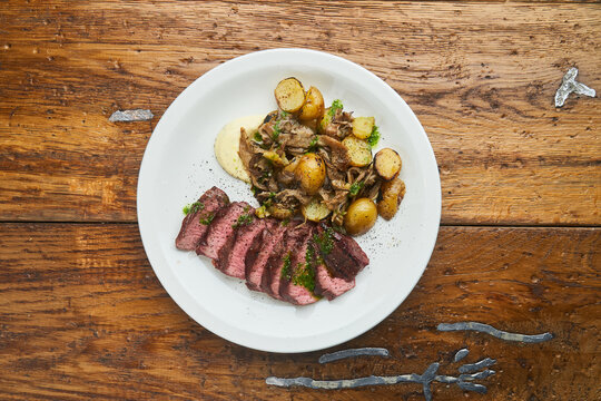 Prepared beef steak served in cafe