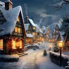 Winter village at night. Winter fairy tale. Digital painting illustration.