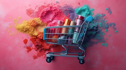 shopping cart with cosmetic products. Shopping concept. Created with generative AI.